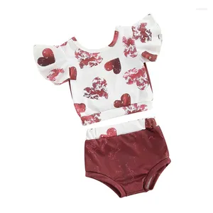 Малыша для малышей девочки наряды в наряды в День Святого Валентина Сердечная печатная футболка топ-шорты 2 % набор 3-18 месяцев