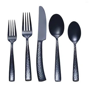 Dinnerware Sets Hand Forged Stainless Steel Black Hammered Flatware Tableware Set Wholesale From China