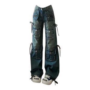 Pantaloni jeans da donna Capris Women BF Style Y2K Streetwear Haruku Lumpy Multi tasca Blue Denim Cargo a bassa gamba a bassa gamba larga 2000 kpop estetico
