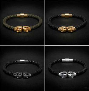 Mulheres homens preto couro genuíno trançado pulseira de aço inoxidável para mulheres ouro crânio pulseira for6778071