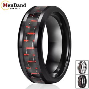 Menband Fashion 8mm Tungsten Carbide Rings for Men Women Wedding Band Blackred Carbon Fiber Inlay Beveled Polering Comfort Fit 240112