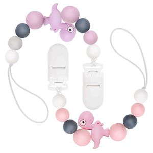 Pacifiers Clips Holder 2 Pack Pacifier Case Silicone Beaded Lanyard Teething Relief Teether Toys for Baby Boys Girls Newborn (pink Dinosaur)