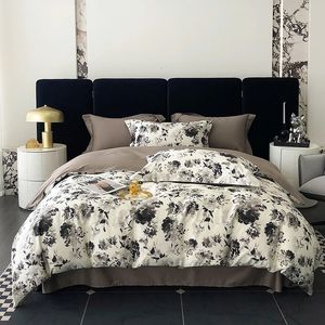 1000TC Egyptian Cotton Ink Flower Bedding Set Twin Single Double Queen King Duvet Cover Bed Sheet Fitted Pillowcases 240112