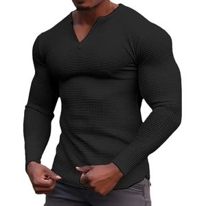 Spring Solid Color Slim Fit Long Sleeve T-shirt Men's Small V-Neck Breattable Sports Coat Waffle Cotton Lång ärm 240112