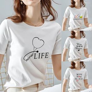 Mulheres Camisetas O Pescoço Branco Top Mulheres 2024 Verão Camisa Casual Padrão Básico Imprimir Manga Curta Tops Senhoras Roupas