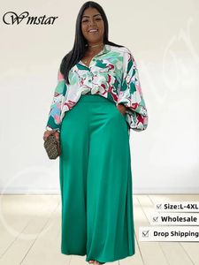 WMSTAR Plus Size Two Piece Set Women Print Shirts Tops and Pants Pockets Wide Leg Fall Fashion Matching Dis Drop 240111