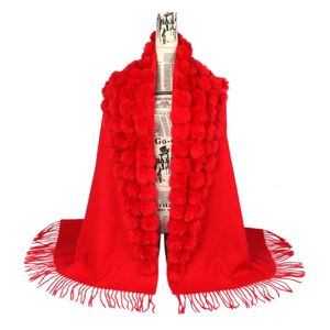 Marca de luxo cachecol feminino inverno grosso genuíno pele de coelho pompom bola tamanho grande xales e capa de lã feminina cashmere pashmina 240111