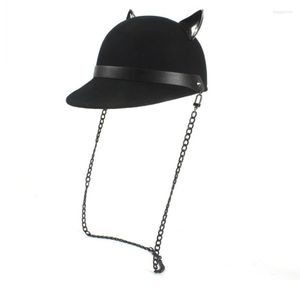 Ball Caps Wool Black Women Baseball Hat With Punk Chain Lady Devil Horns Cute Cat Ear Animal Bowler Visor Cap6327338