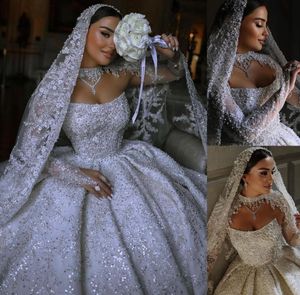 Lindo vestido de baile vestidos de casamento mangas compridas gola alta vestido de noiva fino ajuste pérolas lantejoulas varredura trem vestido feito sob encomenda