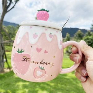 Mugs Relief Strawberry Ceramic Cup Creative And Cute Internet Celebrity Ice Cream Gift Water Spoon With Lid Mug