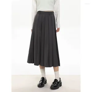 Skirts Grey Pleated Skirt For Women 2024 Autumn Preppy Style High Waist A Line Mid-length Vintage Casual Female