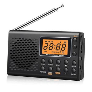 Radio Portable Radio Mini Pocket Radio FM/AM/SW Full Band Radiomottagare Short Wave Radios LCD Display/väckarklocka/högtalare för äldre