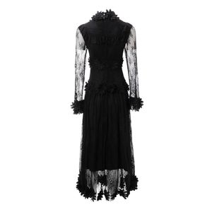 2024 ربيع فستان دانتيل ملون نقي اللون أسود طويل الأكمام حول الرقبة الطويلة ماكسي الفساتين العادية A3J101745