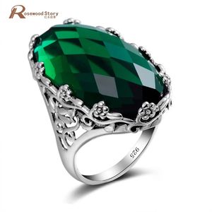 Rysk Green Stone Crystal Ring Big Flower Mönster Pure 925 Solid Sterling Silver For Woman Classic Vintage Jewelry 240112