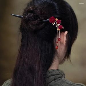 Hair Clips Vintage Rose Sticks Hairwear For Women Chinese Style Wooden Fork Disk Hairstick Chopsticks Hairpins Headdress