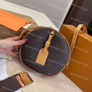 Boite Chapeau Circular Counter Counter Bags Women Crossbody Bag 10A حقيبة حقيقية من الجلود الحقيقية محفظة أزياء طباعة زهرة صلبة بنية رفاهية حقيبة صغيرة 22 سم