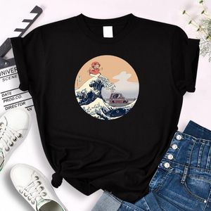 Kadın Tişörtleri Anime Ponyo Uçurum Karikatür Baskılı Tees Kadın Yumuşak Giysiler Kawaii Yuvarlak Boyun T-Shirt Harajuku Gündelik Tops