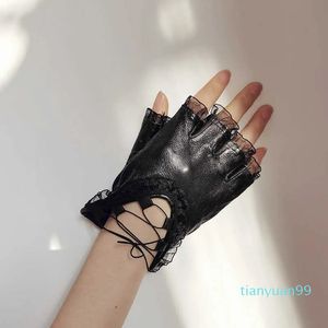 Fingerless Gloves New women's Sheepskin Half Finger Gloves Leather Fashion Lace Style Warm Velvet Cool Silk Black Riding Driving Gloves