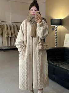 Faux päls kappa kvinnor förtjockar mjuk lös koreansk mode fluffig lång cardigan kvinnlig vinter singelbröst rockar lady 240112