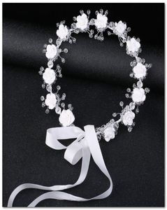 Corona di fiori da sposa in cristallo bianco da sposa per ragazze, nastro di fiori stereo, fiocchi, ghirlanda da principessa, ghirlanda per capelli, festa per bambini 039 2860805