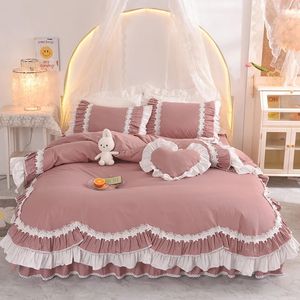 Koreansk prinsessan stil 100% bomullsängar set romantiskt dubbellager rufs quilt täcker säng kjol linne kudde skam 240112