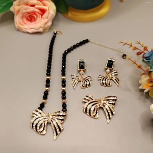 Necklace Earrings Set Original Copper Gold Plated Diamond Brooch Earpin And Black Jewelry For Woman 2024 Trend