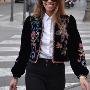 レディースジャケットレディースジャケット女性ボタンレスボタンレスファッションシックなクロップトップトップビンテージベルベット刺繍長袖
