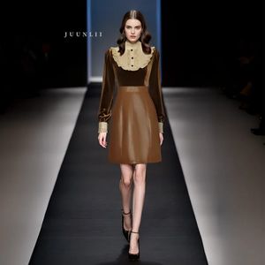 Hepburn style fashion temperament splicing coffee color canary dress female autumn winter waist mid-length leather skirt 240112