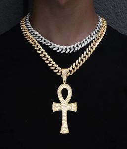 Catene Collana Ankh egiziana Fascino Ciondolo da uomo Catena di corda Chiave della vita Strass ghiacciato Gioielli hip hop cubani6744219