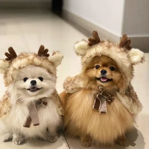 Dog Christmas Costume Funny Elk Dog Cloak Xmas Reindeer Cat Cape with Antlers Holiday Puppy Outfit Fleece Pet Clothes for Chihuahua Yorkie,Brown (Medium, Brown) A915