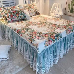 Luxury American Floral Bedding 100% Cotton Quiltade spetsar Ruffles Bedkirt Madrass Cover Bedste -Pudow Cases Nordic Size 13pc 240112