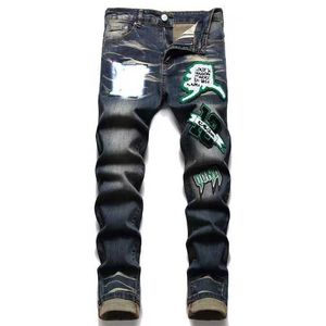 Męski projektant dżinsów dżinsy Nowe dżinsy męskie na letniej ulicy drukowane bawełniane spodnie młodzież moda ciasna środkowa talia Casual 5y8l