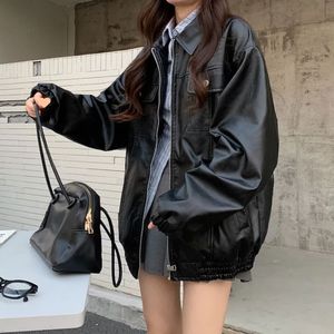 Black Leather Jackets Women Vintage Moto Biker Zipper Jackets Oversize Gothic Style Motorcycle Coats Korean Fashion Streetwear 240111