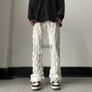 Men's Jeans Bla White Tassel Edge Skinny Flare Jeans Streetwear Solid Color Casual Slim Fit Jeans Pants Washed Damaged Distressed Jeanyolq