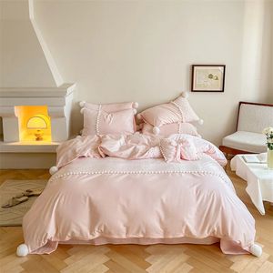 Pink 40S Washed Cotton Girl Bedding Set Single Queen King Size White Lace Patchwork Plush Ball Duvet Cover Bed Sheet Pillowcases 240111