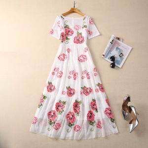 2024 Spring Spensing Contral Color Embroidery Lace Dress White Short Sleeve Receed Neck Long Maxi Dresses A3J101744