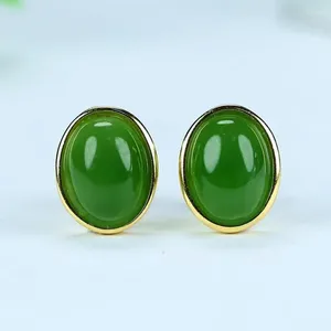 Studörhängen kvinnor grön jade oval 925 sterling silver smycken äkta naturliga Hetian Jades Nephrite Golden Ear Studs örhänge