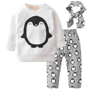 New 2017 Baby Girl Clothes Penguin Printed Long Sleeve T shirt Pants Headband 3pcs Baby Girls Clothing Set Newborn Clothes ZZ