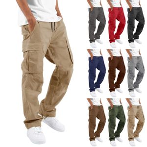 Kargo pantolon erkekler için pantolon tam uzunlukta düz renk gevşek çok cepli çekme cepleri pantolon erkek kargo pantolon 3xl 240111