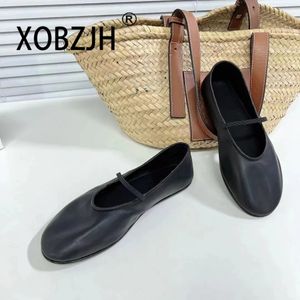 ROW Mary Jane Comfortable Ballet flats Leather Black Slip Shoes For Women 2023 Red High Quality Woman Size 43 240111