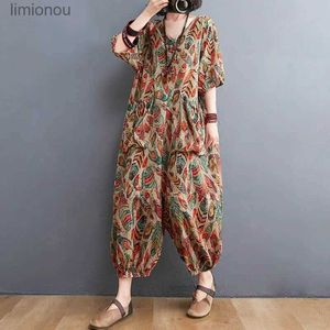 Women's Jumpsuits Rompers Jumpsuits Women Cotton Linen Short Sleeve Playsuits One Piece Outfit Women High Waist Lantern Pants Overalls for WomenL240111