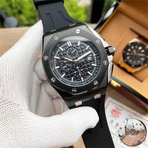 High Quality Audexxx Pigxxx Oak Offshore Series Mens Forged Carbon Black Dial Red Hands Chronograph Ceramic Silicone Strap Designer Movement Mechanical Watch