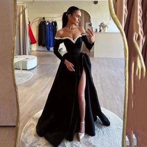 Luxury Black A-Line Evening Pageant Dress 2024 Satin Off the Shoulder Pearls Long Sleepes Floor Length Prom Formal Party Gowns Robe de Soiree