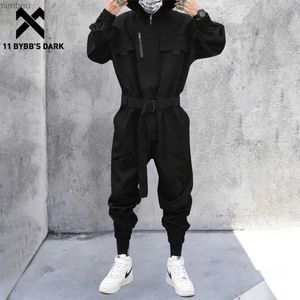 Men's Jeans 11 BYBB'S DARK Function Multi Pockets Hooded Cargo Jumpsuit Men Harajuku Hip Hop Creativity Sashes Pant Men Trousers StreetwearL240111