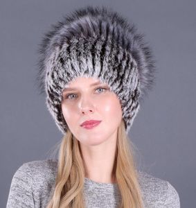 Buon elastico naturale y finto argento cappello di pelliccia di volpe nuove donne di inverno lavorato a maglia vera pelliccia di coniglio cappelli signora berretto di pelliccia reale all'ingrosso Y2006193879108