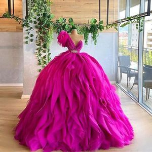 فوتشيا كرات ثوب Quinceanera Prom Dresses 3D زهرة الزهرة المزينة Vestido de 15 Anos Sweet 16 فستان عيد ميلاد الأميرة