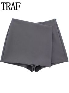 Traf grå kjol shorts hög midja wrap korta kjolar kvinnor y2k streetwear asymmetric skort vår mode casual byxor 240112