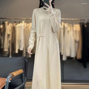 Casual Dresses Half-High Neck Pure Wool Dress Women's Knee-High Sweater Skirt Autumn And Winter Loose Buckle Cashmere Knitted