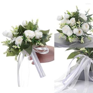 リボンブライドメイドブライダルパーティー結婚ウェディングアクセサリーを備えた人工ローズブーケピンクの白いシルクを保持する装飾花