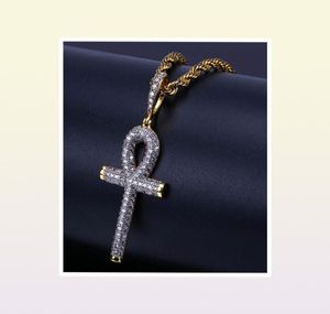 Hip Hop Egyptian Ankh Key Pendant Necklace Iced Out Gold Silver Color Plated Micro Paved Zircon Pendant Necklace9744552